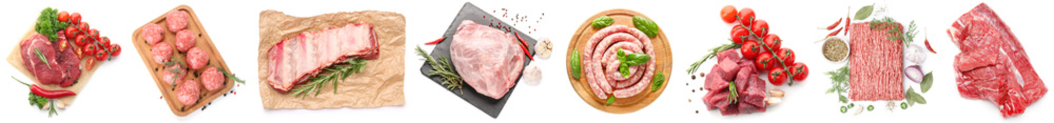 Collection of fresh meat on white background