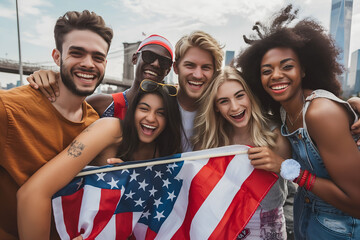 Excited happy multiracial friends different ethnicities and skin colors with American USA Flag celebrating 4 july at New York streets at summer sunny day - obrazy, fototapety, plakaty