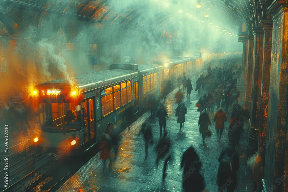 Poster commuters rushing to catch the departing bus, their hurried footsteps echoing through the station. c