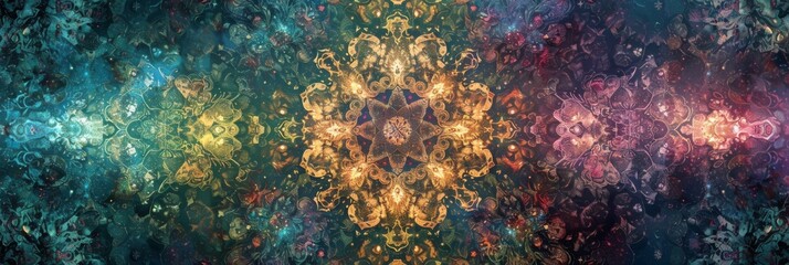 Fototapeta na wymiar Mandala with natural floral elements, essence of the earths beauty and spiritual journey, transition smoothly from greens and blues to divine purples and golds created with Generative AI Technology