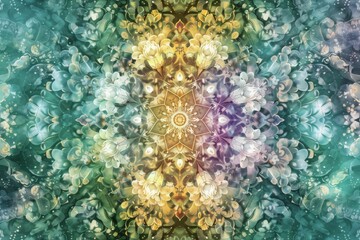 Fototapeta na wymiar Mandala with natural floral elements, essence of the earths beauty and spiritual journey, transition smoothly from greens and blues to divine purples and golds created with Generative AI Technology