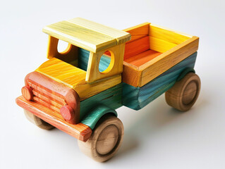Colorful wooden truck toy isolated on white background. Made from wood blocks for children creativity training.