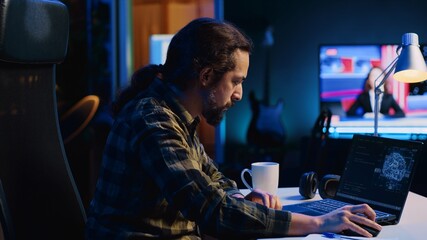 Self employed developer updating artificial intelligence machine learning algorithm, writing binary...