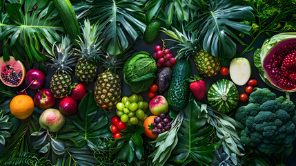 Exotic Fruits and Vegetables on Dark Black Surface