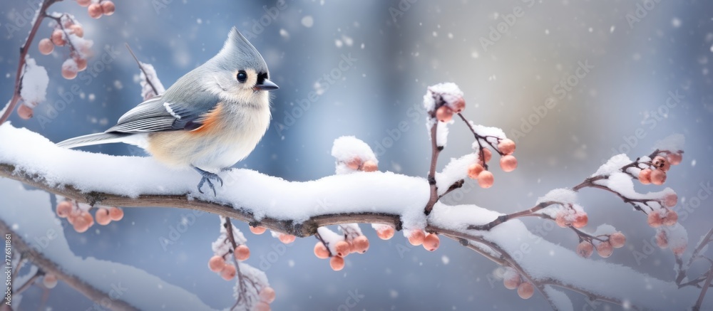 Poster a small araffy bird with colorful feathers is perched on a bare branch covered with red berries in t