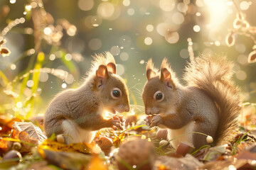 Sweet baby squirrels nibbling on nuts and acorns in a sun-dappled clearing of a lush forest, their...