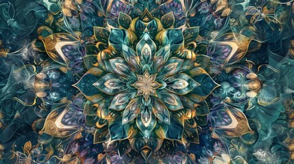 Mandala with natural floral elements, essence of the earths beauty and spiritual journey, transition smoothly from greens and blues to divine purples and golds created with Generative AI Technology