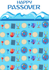 Happy Passover banner greeting card with decorative traditional icons Kiddush cup, four wine glass, matzo matzah Jewish traditional bread for Passover Seder, Pesach plate, vintage Haggadah vector sign