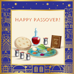 Happy Passover banner greeting card with decorative traditional icons Kiddush cup, four wine glass, matzo matzah Jewish traditional bread for Passover Seder, Pesach plate, vintage Haggadah vector sign