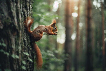 Sweet little squirrels scampering up and down tree trunks in a verdant forest, their bushy tails providing balance as they search for food, captured with HD clarity
