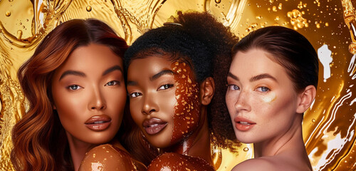 Three mesmerizing ladies with diverse skin and hair attributes stand together against a backdrop of golden honey, their beauty and confidence captured   - obrazy, fototapety, plakaty