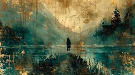 beautiful nature scene with woman walking in the distance, teal and gold. beautiful lighting