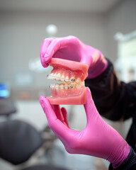 Dentista segurando dentadura com aparelho ortodôntico