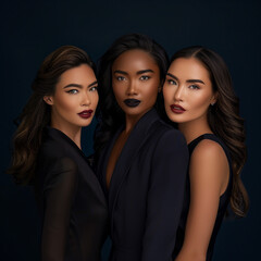 Three mesmerizing women, with their varied skin tones and hairstyles, stand united against a backdrop of midnight navy, radiating elegance and sophistication.
