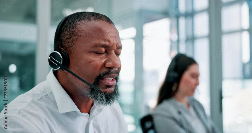 Aufkleber man, headset and call centre by computer for consulting, telemarketer and insurance hotline. person,