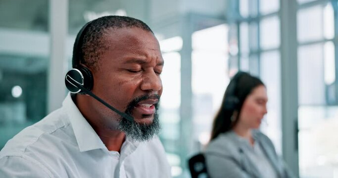 Man, headset and call centre by computer for consulting, telemarketer and insurance hotline. Person, communication and help desk for technical support, representative and operator for assistance