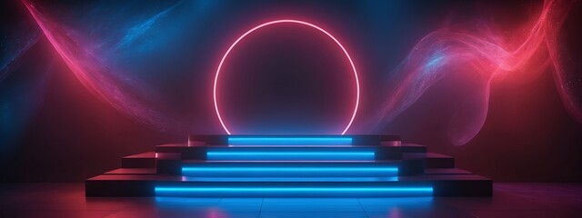 Cosmic neon stage with dramatic pink and blue - obrazy, fototapety, plakaty