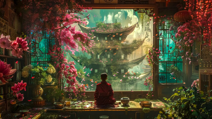 Serene traditional asian scene with relaxing figure