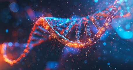 A DNA strand is shown in a blue and red color scheme. The image is abstract and has a futuristic feel to it