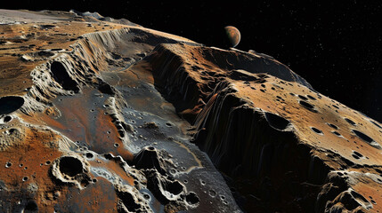 The rugged beauty of Phobos, one of Mars' moons, with its cratered surface and jagged cliffs - obrazy, fototapety, plakaty