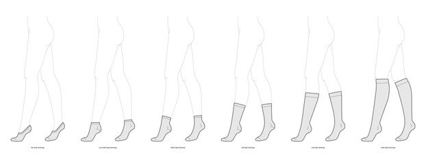 Set of stocking hosiery Invisible, low high ankle calf, knee high length hose. Fashion accessory clothing technical illustration. Vector, side view for Men women style, flat template CAD mockup sketch