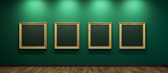 Wall painted green with three picture frames mounted on it. The frames are empty and there is a wooden floor below.