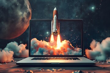 Illustration of a rocket flying from the laptop screen, Concept growing business