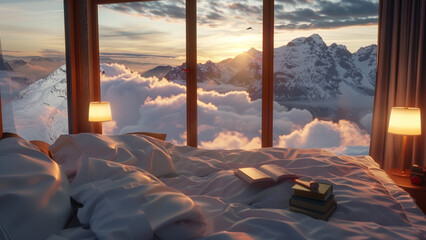 cozy bedroom with white bed sheets large window, There is a book on the bed, and a snow scene from the window