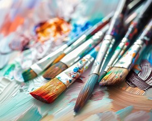 Obraz premium Colorful brushes and a paint-splattered palette rest on an artist's studio table, ready for creative expression