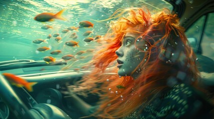 Fantastical Undersea Journey Girl with Flame-Colored Hair Amongst Swimming Fish in a Submerged Vehicle - obrazy, fototapety, plakaty