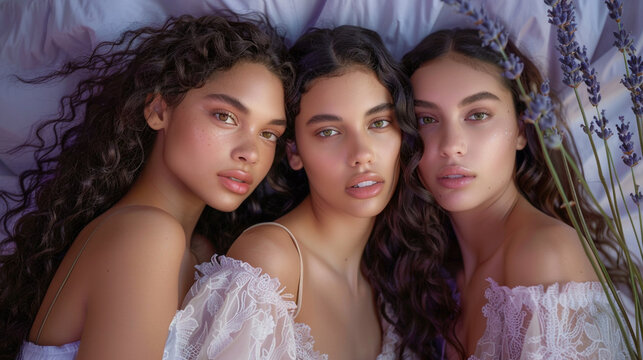 A striking composition showcasing three beautiful women, their individuality celebrated against a backdrop of soft lavender, symbolizing purity and tranquility.