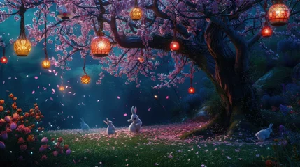  A rabbit is peacefully resting under a cherry blossom tree in a natural landscape at night, creating a serene and picturesque scene reminiscent of a painting AIG42E © Summit Art Creations