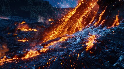 The dramatic scene of a volcano erupting at night, with lava flowing down its slopes and ash plumbin into the night sky. The natural power of the earth is on full display, with the glowing lava contra - obrazy, fototapety, plakaty