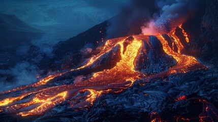 The dramatic scene of a volcano erupting at night, with lava flowing down its slopes and ash plumbin into the night sky. The natural power of the earth is on full display, with the glowing lava contra - obrazy, fototapety, plakaty