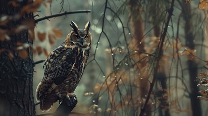 Portrait of an owl with black feathers perched on a tree branch in the middle of the forest