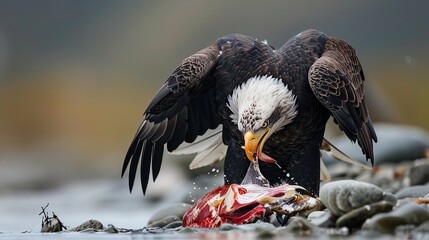 A white-headed eagle is preying on its food