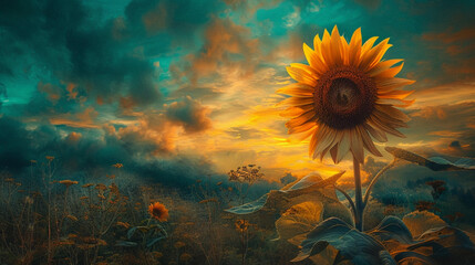 Fototapeta na wymiar magical sunflower in a sunset, beautiful light, transformation and freedom, teal and golds