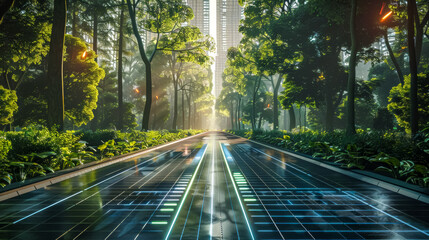 Solar walkway in urban park at sunrise