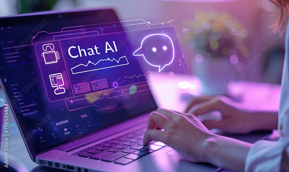 Poster a person using a laptop to talk to a chat bot, conversational ai or artificial intelligence interfac
