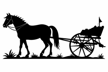 Horse drawn cultivator silhouette black vector illustration