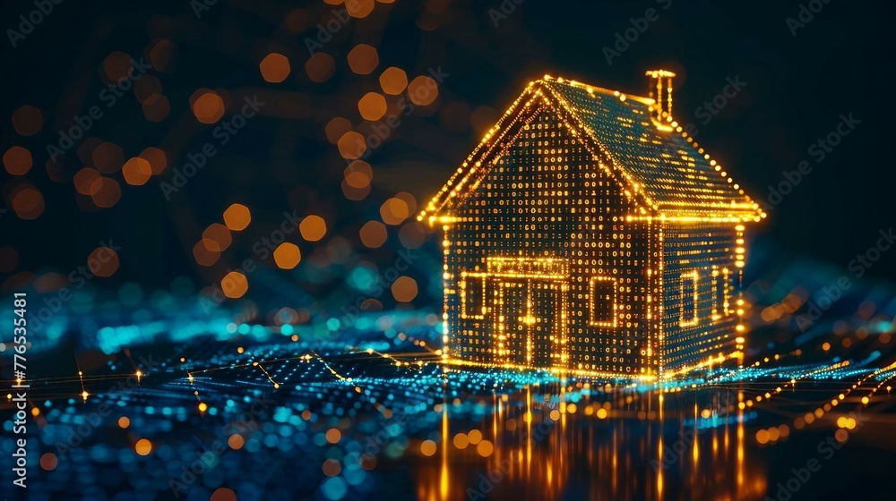 Poster digital house with glowing data stream , ai in smart home technology, automation and remote control 