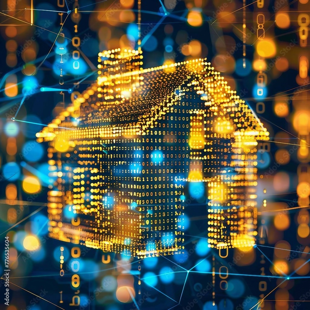 Poster digital house with glowing data stream , ai in smart home technology, automation and remote control 