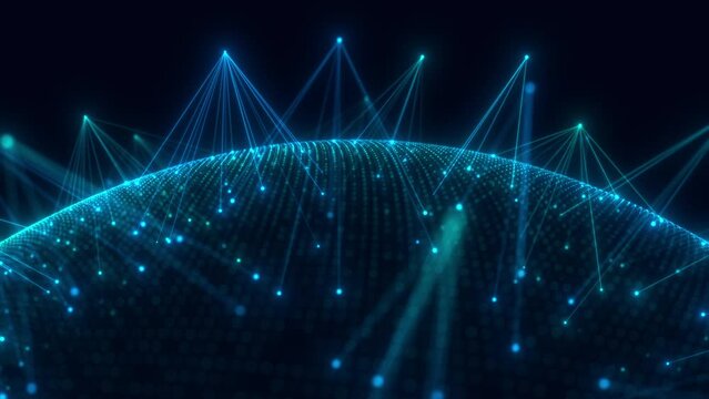 Beautiful Rotating Sphere of Particles with Satellites Network Connection, Motion Loop Background, Perfect Abstract Animation in Blue Light