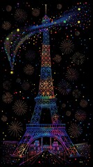 illustration of eiffel tower with fireworks at night. Paris 2024 Olympic Games concept in high resolution and high quality. Aspect ratio 9:16. sports