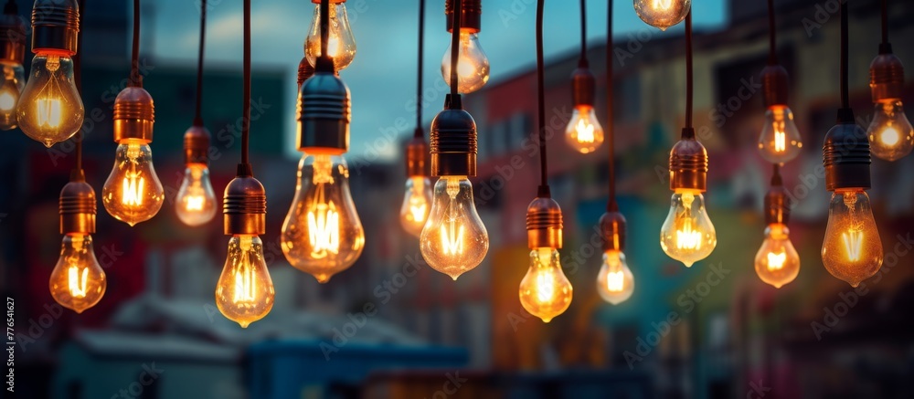Aufkleber multiple light bulbs are suspended from the ceiling, creating a clustered arrangement in a close-up 