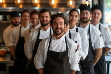 Proud team of chef, sous chefs and cooking assistants looking at camera smiling. Blurred background