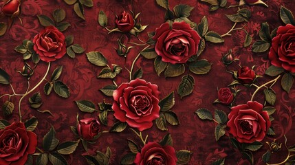 Rose Emblem focused on the rose as a symbol of royal lineage, with each bloom intricately detailed and set against a backdrop of velvet silk created with Generative AI Technology