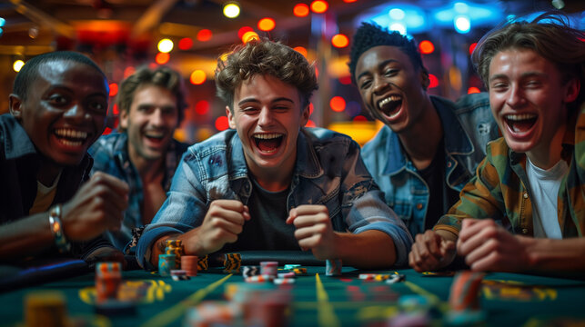 A group of happy laughing friends playing poker. 