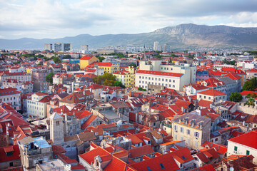 Aerial view of the old town of Split, Croatia. Aerial view of European town with red roofs