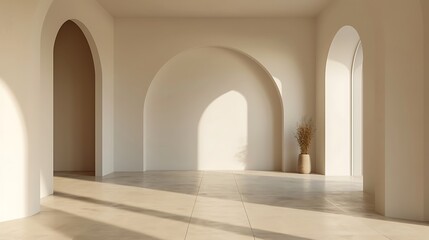A large white room with arched windows, polished wooden floor and modern furniture